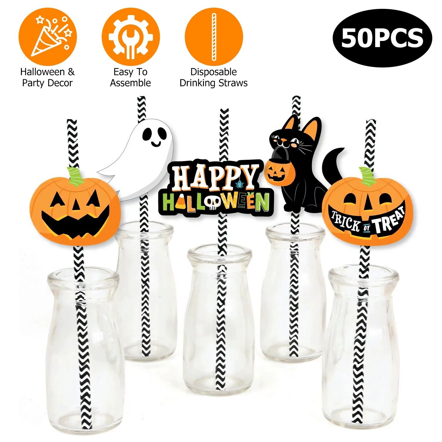 imountek 50Pcs Halloween Party Striped Decorative Straws Disposable Drinking Straws Paper
