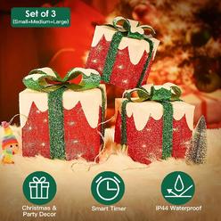 imountek Christmas Decor Lighted Gift Boxes Set of 3 Xmas Light Up Present Box w/ 60LEDs