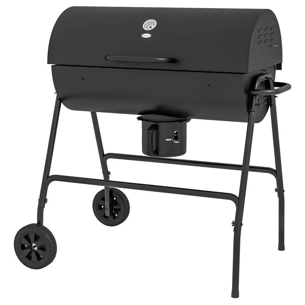 Outsunny Barrel Charcoal BBQ Grill Trolley Wheeled Barbecue Smoker, Black