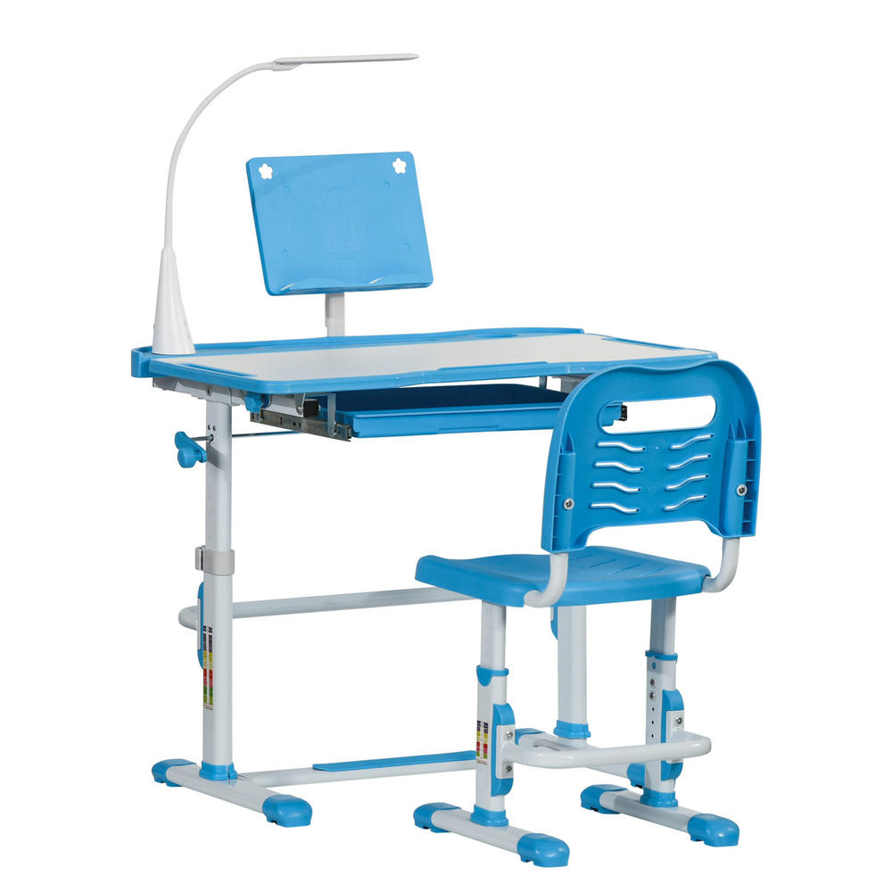Qaba Kids Adjustable School Desk & Chair Set w/ Lamp, Tilt Desktop, Storage, Blue