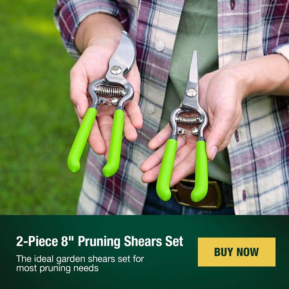 WORKPRO 2PC Pruning Shear Set 8'' Handing Pruner w/Straight Blade 8" Bypass Garden Shear