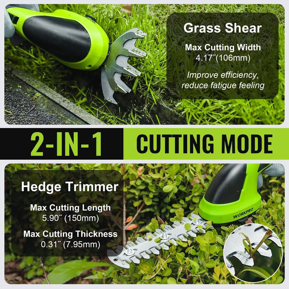 WORKPRO Cordless Grass Shear & Shrubbery Trimmer - 2 in 1 Handheld Hedge Trimmer