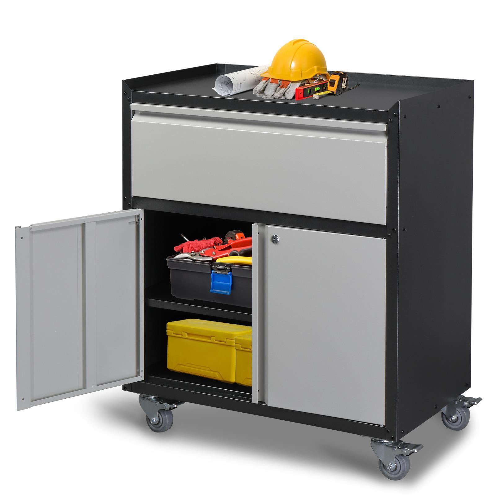 Great Choice Products Lockable Tool Storage Cabinet With 2 Doors &1 Drawer & Wheels For Garage Steel