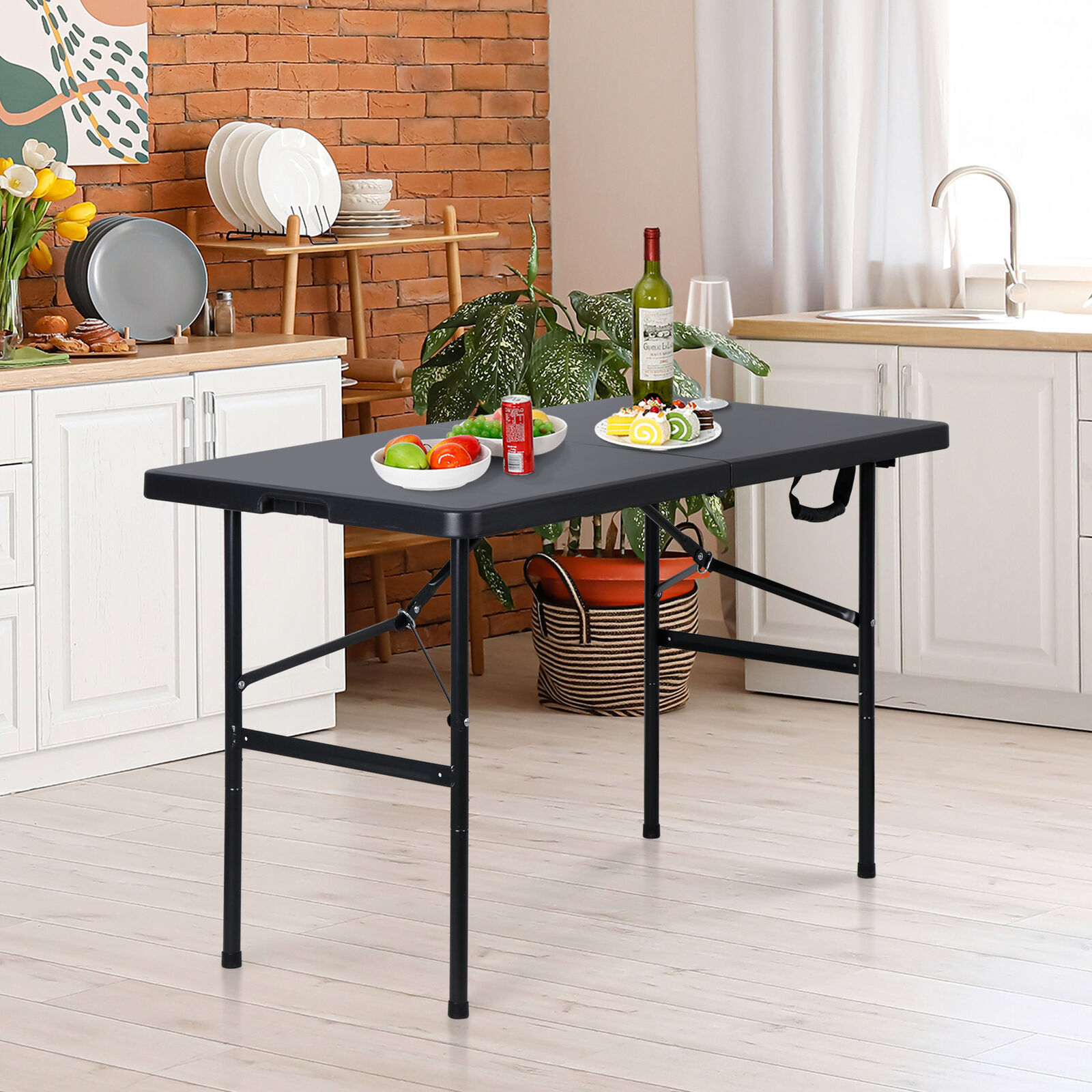 Great Choice Products 48" Portable Folding Table Plastic Fold-In-Half Desk W/ Carry Handle, Black