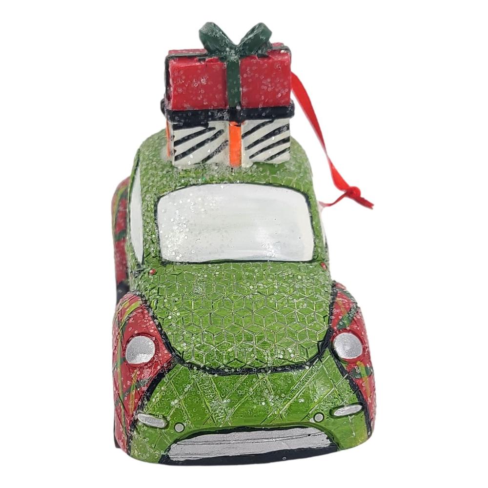 Great Choice Products Jingle All The Way Green Beetle Bug Car 5 Inch Vintage Christmas Tree Glitter