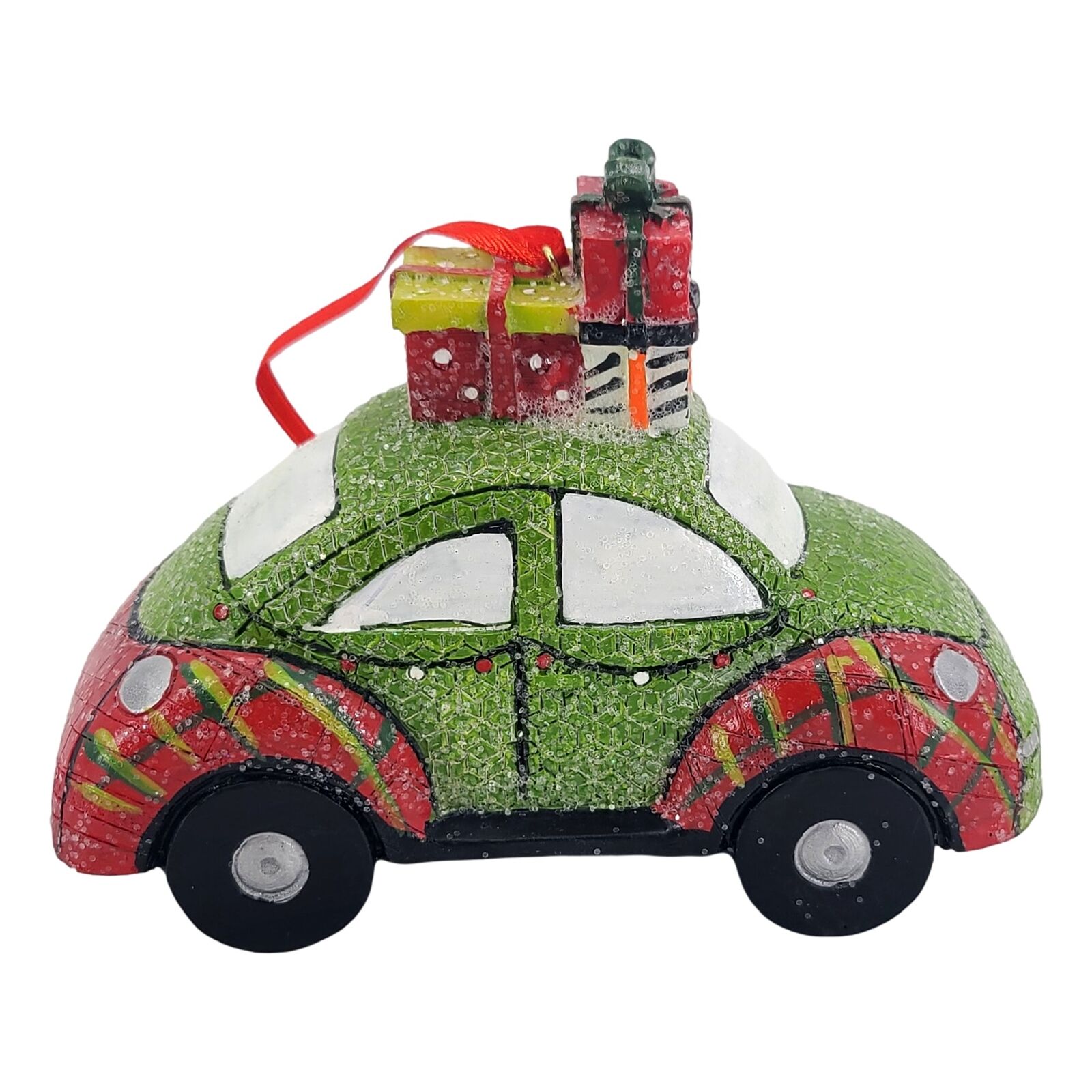 Great Choice Products Jingle All The Way Green Beetle Bug Car 5 Inch Vintage Christmas Tree Glitter