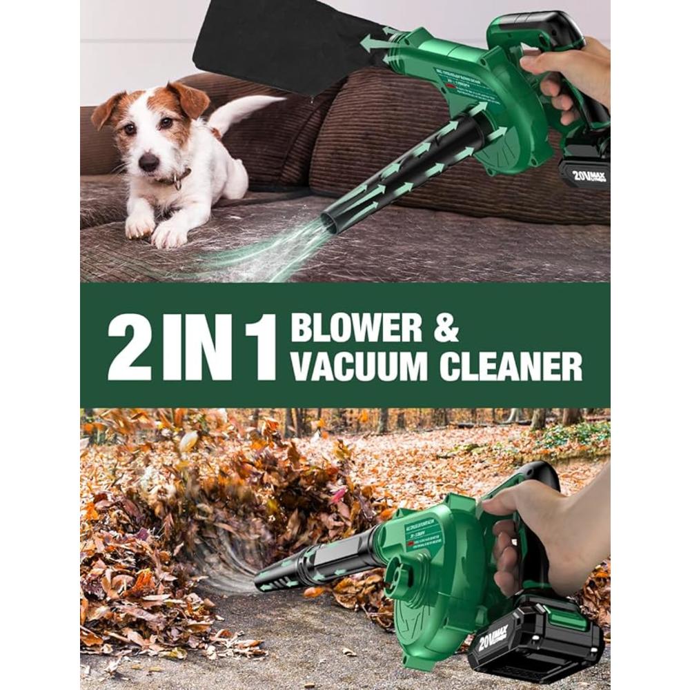 GCP Products Cordless Leaf Blower & Vacuum with 2 X 2.0 Battery & Charger, 2-in-1 20V Leaf Blower Cordless, 150CFM Lightweight Mini Cordless