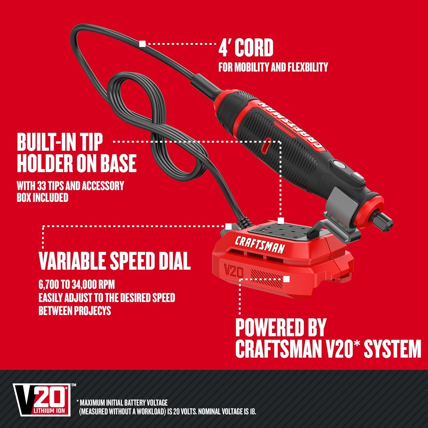 CRAFTSMAN V20 Cordless Rotary Tool, Tool Only (CMCE030B)