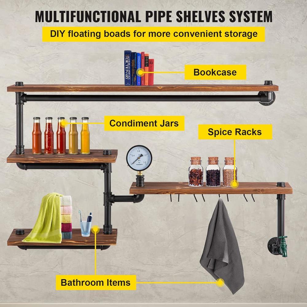 VEVOR Pipe Shelf, Industrial Steel Pipes Shelving w/ 4-Tier Solid Wood ...