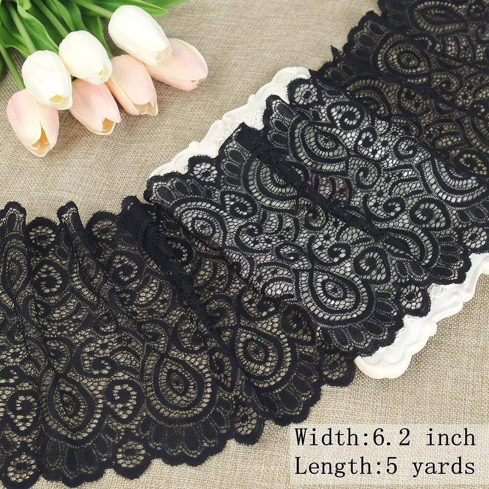 Great Choice Products Black Wide Elastic Lace Trim For Sewing Lace Ribbon Lace Fabric By The Yard Stretch Lace Trim (Black, 6.2 Inch×5 Yards)