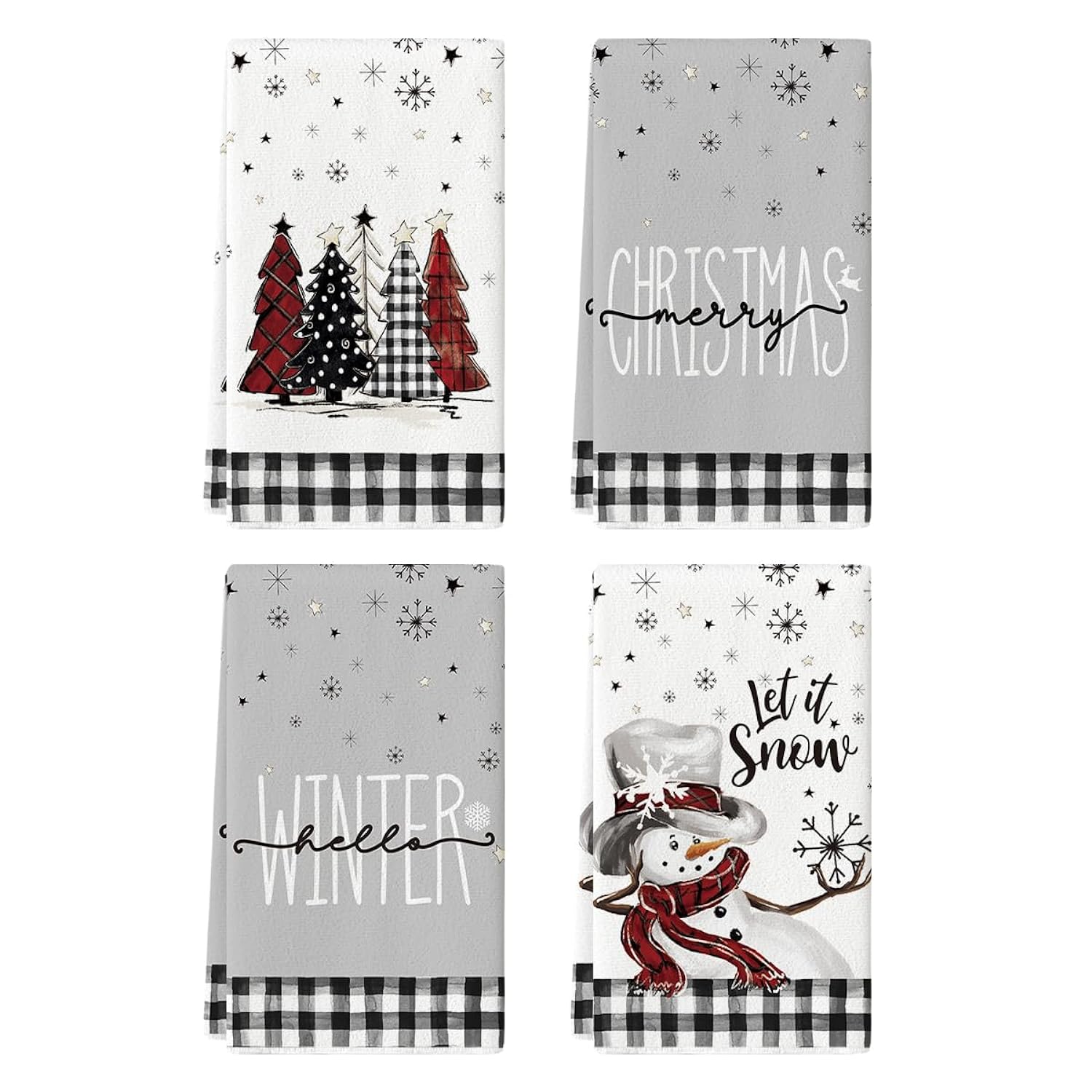 Great Choice Products Black White Buffalo Plaid Snowman Xmas Trees Christmas Kitchen Towels Dish Towels, 18X26 Inch Daily Seasonal Winter Decora…