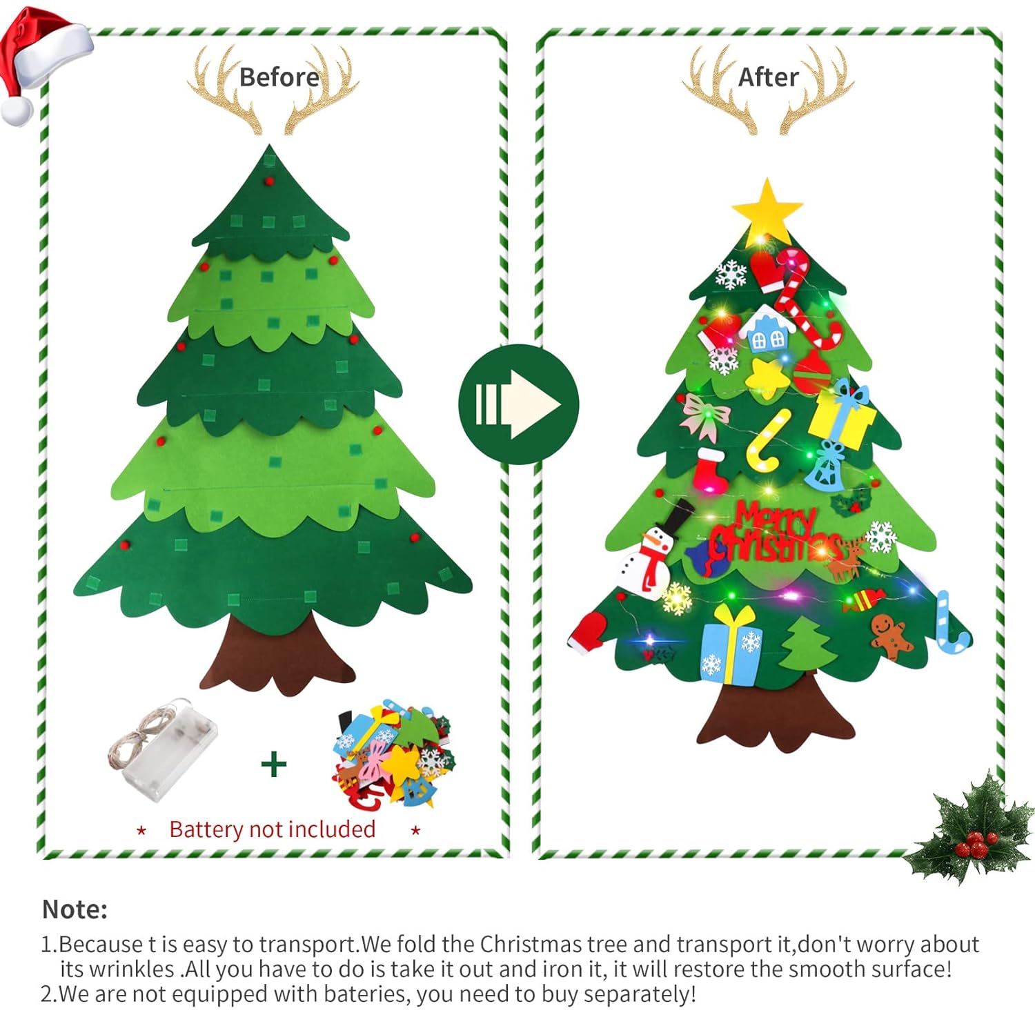 Great Choice Products Felt Christmas Tree Set For Toddlers Kids With Led String Light,3.2Ft Wall Hanging Diy Christmas Tree With Detachable Orna…