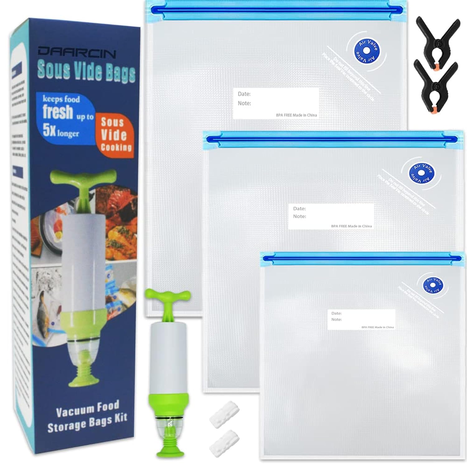 Great Choice Products Sous Vide Bags 20Pack Kit, 3 Sizes Sous Vide Bag Kit With Pump-15 Bpa Free Reusable Vacuum Sealer Bags-1 Hand Pump-2 Zippe…