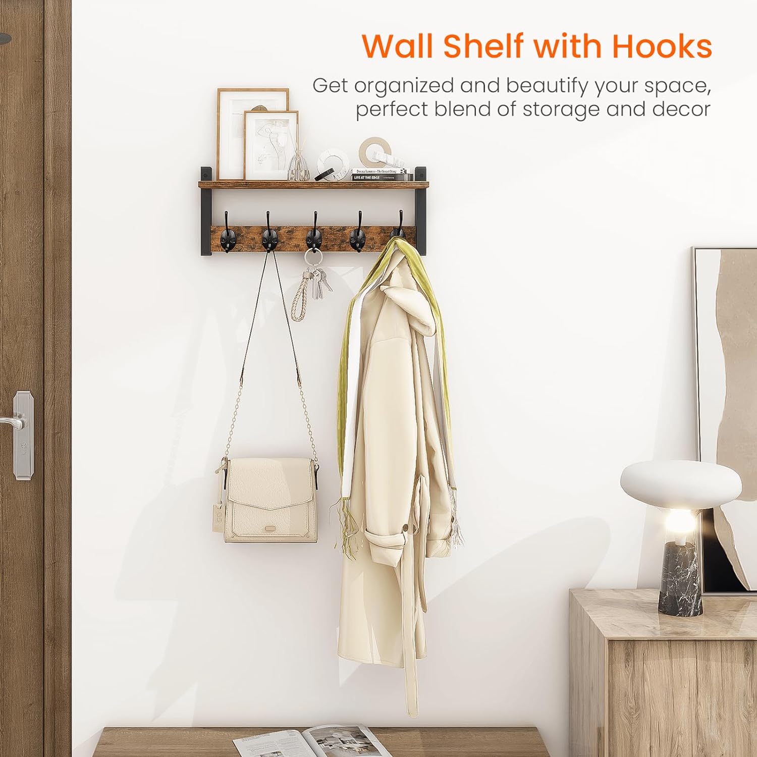 Great Choice Products Wall Hooks With Shelf, Wood Coat Rack With Shelf Wall-Mounted, Entryway Hanging Shelf With 5 Metal Hooks For Clothes Hats …
