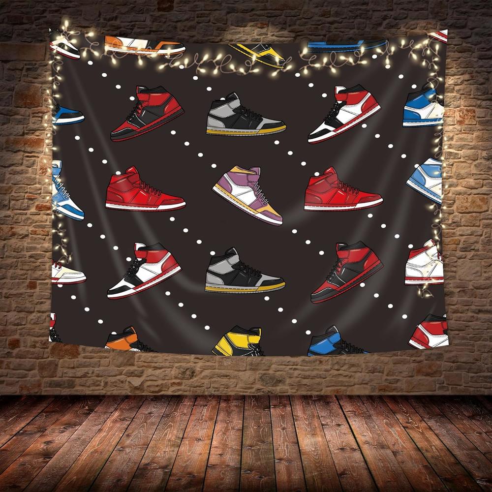 Great Choice Products Retro Basketball Shoes Tapestry 51Hx59W Inch Sneaker Decorations Backdrop Party Sports Footwear Teen Boys Men Red Black Wh…