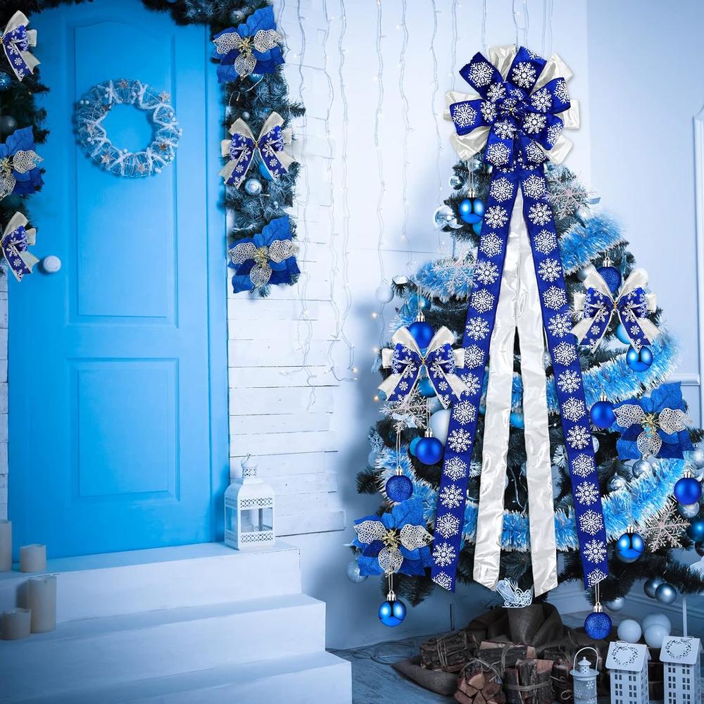 Great Choice Products 63 Pieces Blue Christmas Decorations Set, Including Large Bow Christmas Tree Topper, Glitter Bow Knots, Blue Poinsettia Fl…
