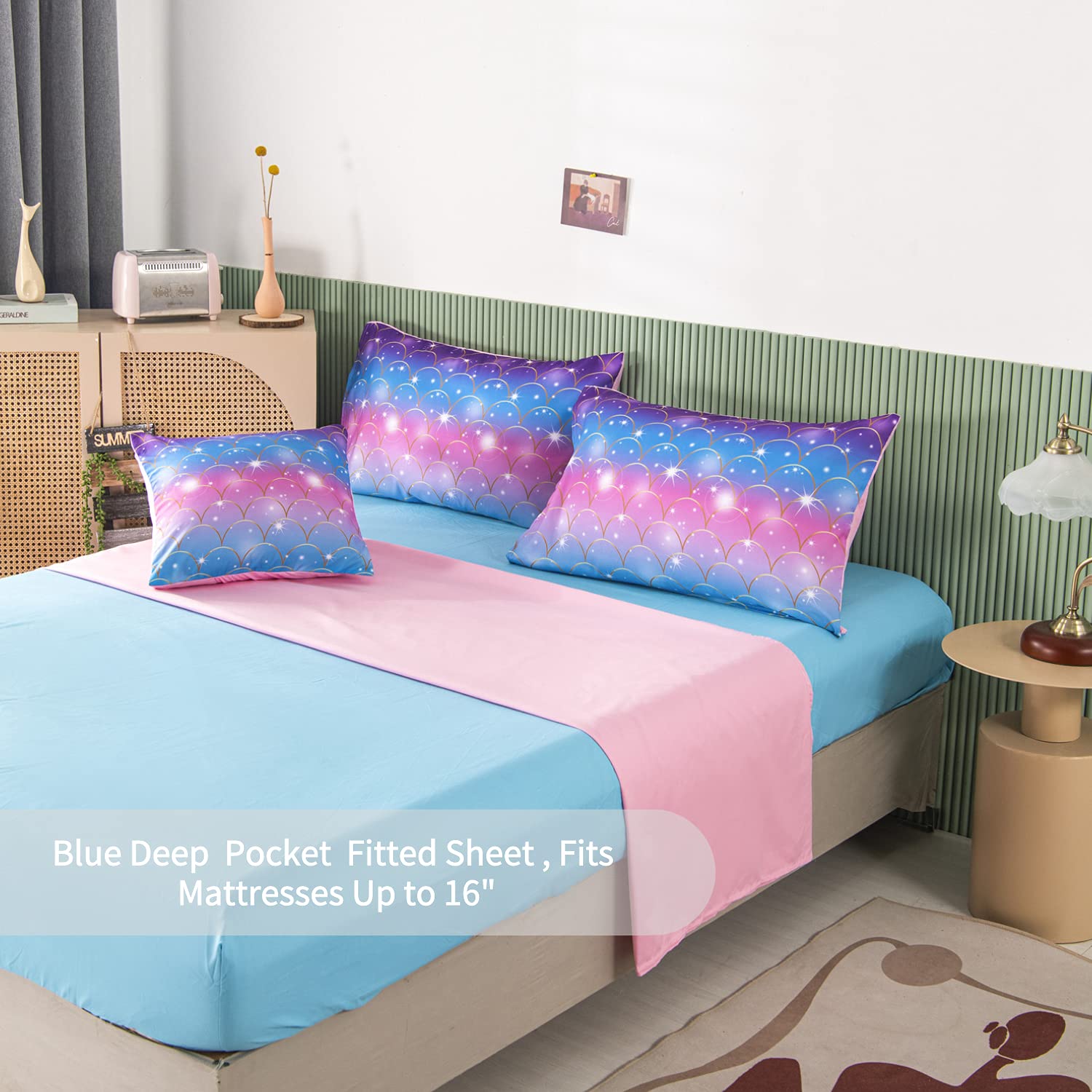 Great Choice Products 6Pcs Teal Pink Sparkle Mermaid Comforter Sets Twin Size, 3D Rainbow Glitter Girls Bedding Sets, Ombre Pastel Fish Scale Be…