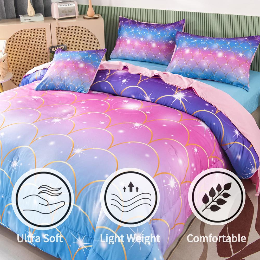 Great Choice Products 6Pcs Teal Pink Sparkle Mermaid Comforter Sets Twin Size, 3D Rainbow Glitter Girls Bedding Sets, Ombre Pastel Fish Scale Be…