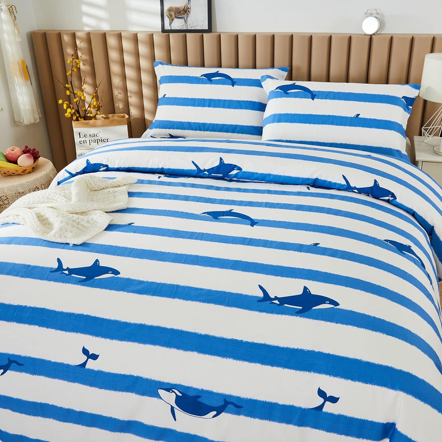 Great Choice Products Boy Bedding Sets Full Size Cotton Kid Girl Nautical Blue Striped Whale Bedding Bedroom Set Reversible Duvet Cover Set 3-Pi…