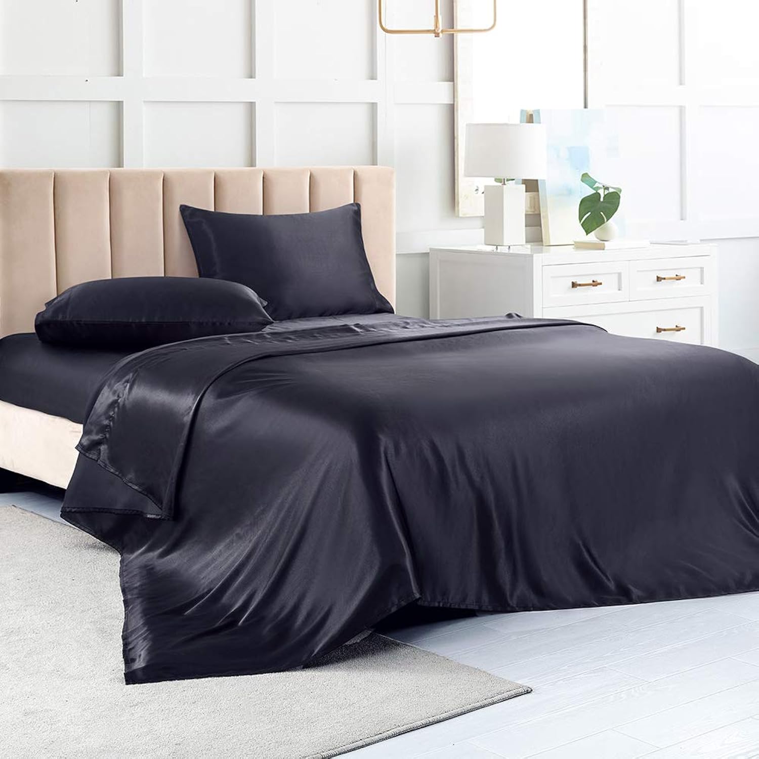 Great Choice Products Satin Bed Sheet, Queen Size Sheet-Black Sheets For Queen Mattress-4 Pcs Silky Bed Sheet Set With 1 Deep Pocket Fitted Shee…