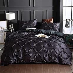 Great Choice Products Pinch Pleated Duvet Cover Set Black Full Size Silk Like Satin Pintuck Bedding Set With Zipper Ruffle Design Luxury & Micro…