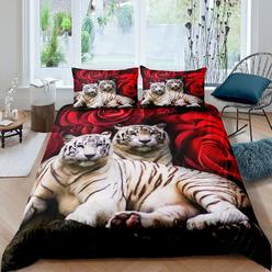 Great Choice Products Tiger Bedding Set King Size,Red Rose Flower Comforter Cover For Boys Girls,African Safari Animals Duvet Cover,Big Cat Wild…