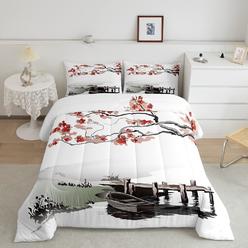 Great Choice Products Japanese Style Comforter Set Queen 3Pcs Cherry Blossom Bedding Set Watercolor Ink Painting Duvet Set Red Floral Flower Qui…