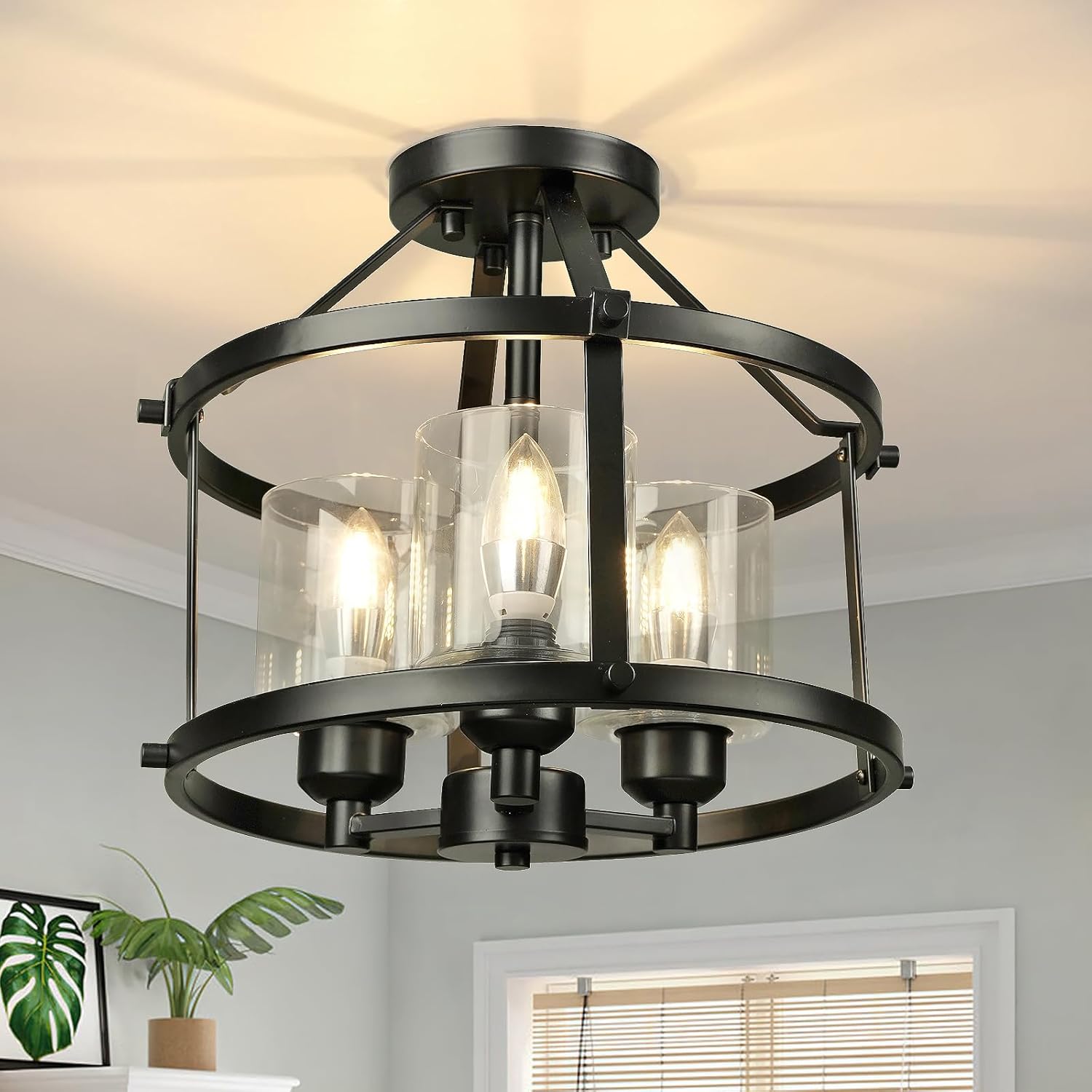 Uolfin Modern Farmhouse Black Semi-Flush Mount Light, 3-Light Gold