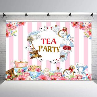 Vvm Lsvv1165 Tea Party Backdrop Pink White Stripes Watercolor Floral Alice In Wonderland Tea Party Background 7x5ft Photo Booth Banner Fo