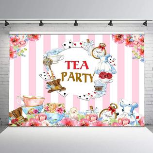 Vvm Lsvv1165 Tea Party Backdrop Pink White Stripes Watercolor Floral Alice In Wonderland Tea Party Background 7x5ft Photo Booth Banner Fo