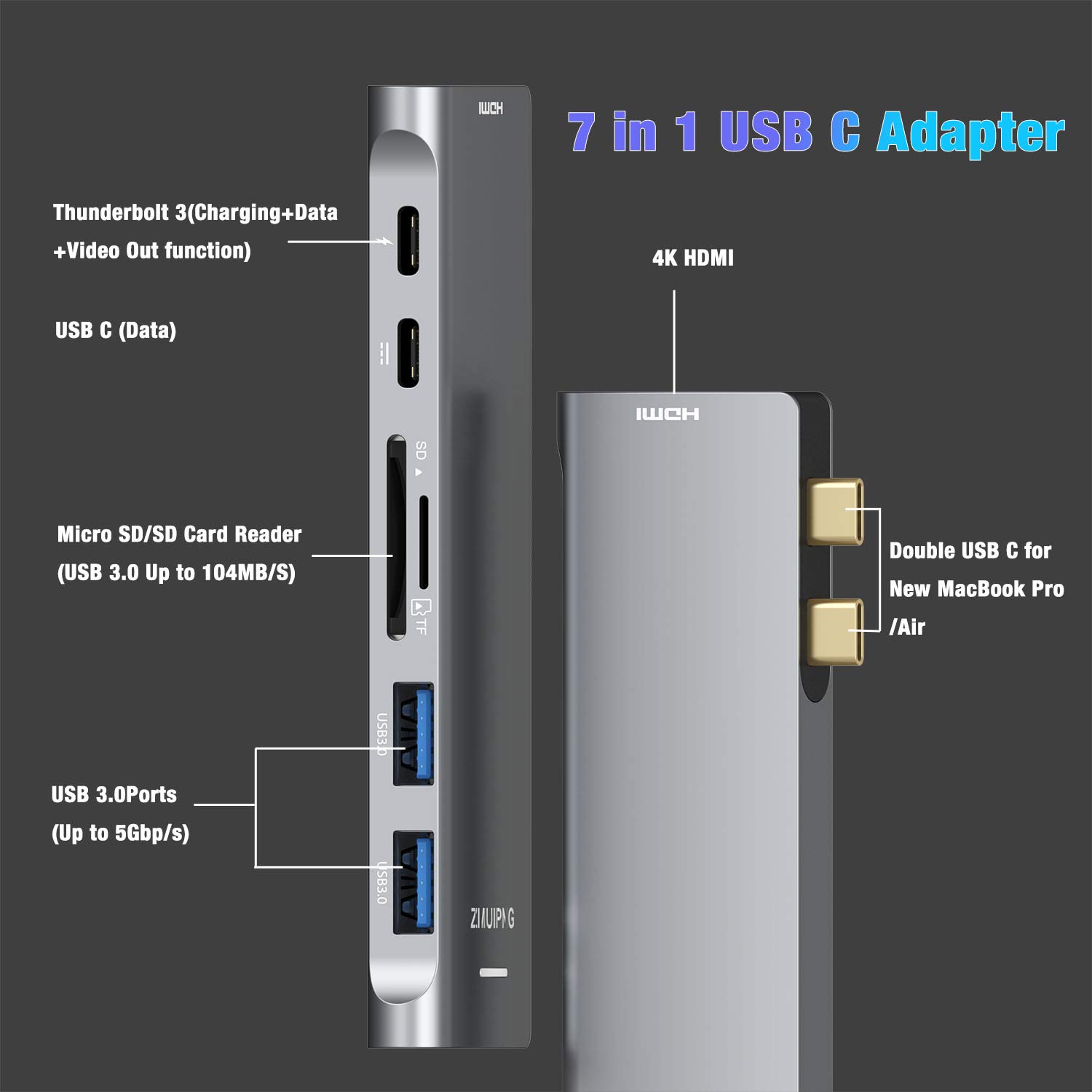 ZMUIPNG ZM1818-UK USB C Hub Adapter for MacBook Pro 2020 ...