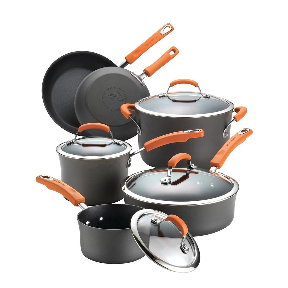 GCP Products Brights Hard-Anodized Aluminum Nonstick Cookware Set With Glass Lids, 10-Piece Pot And Pan Set, Gray With Orange ..
