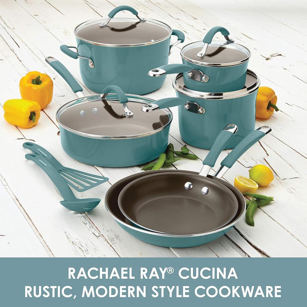 GCP Products Cucina Nonstick Cookware Pots And Pans Set, 12 Piece, Agave Blue
