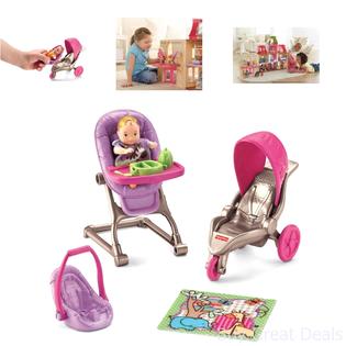Fisher-Price Baby Doll Set Girls Pink Purple High Chair Stroller Car Seat  Toy Kids Play New