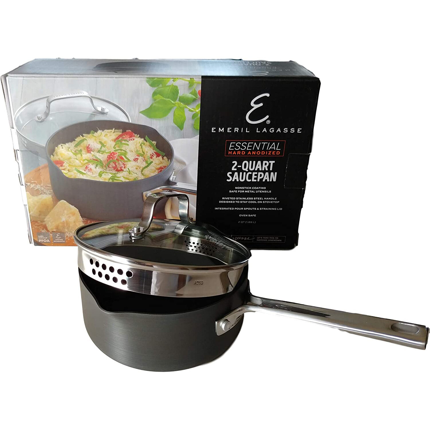 Emeril S Emeril Lagasse Nonstick 2 Quart Cooking Sauce Pan With Pour Spout Straining Lid