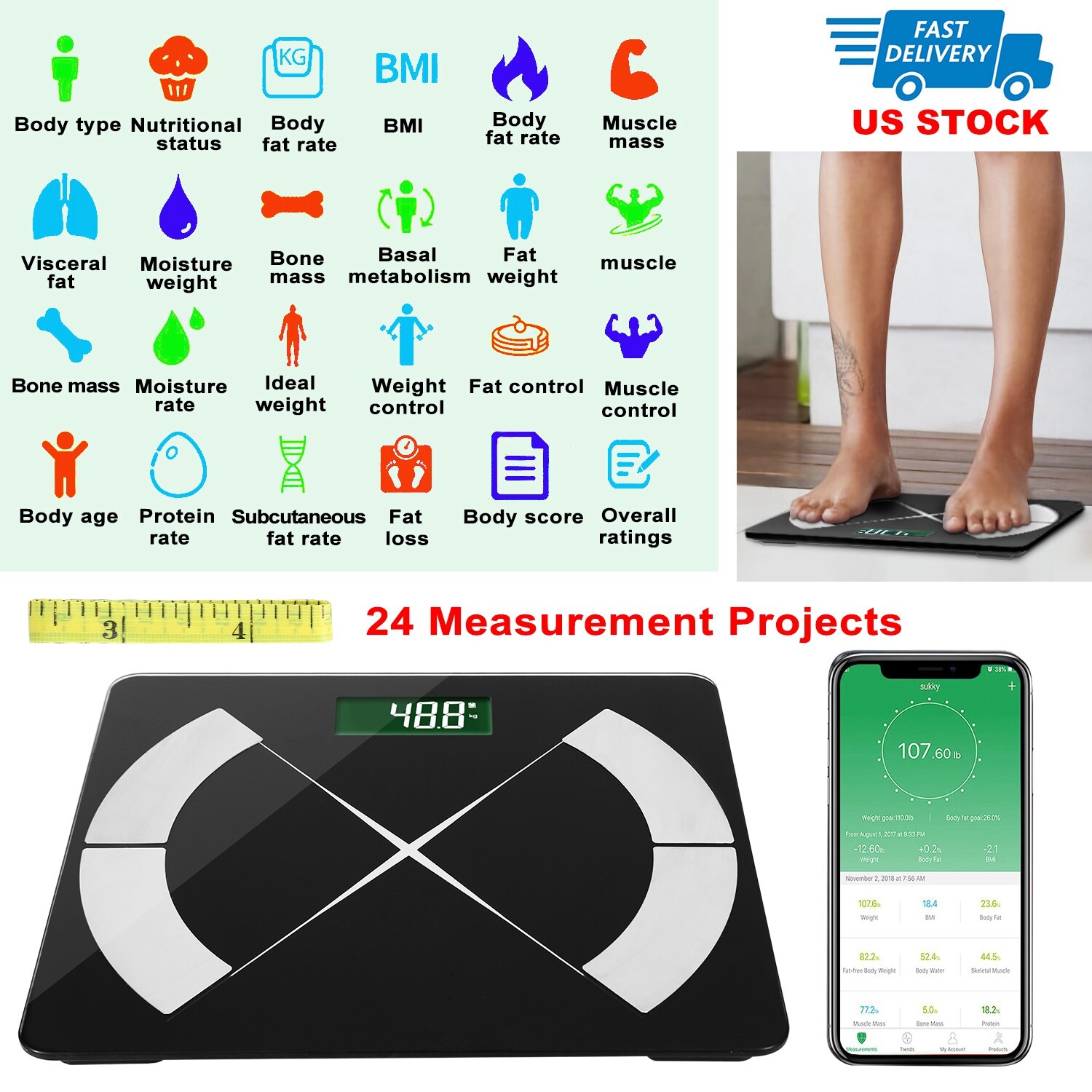 GCP Products Smart Body Fat Scale Body Composition Bmi Weight Scale Digital  Ios & Android App