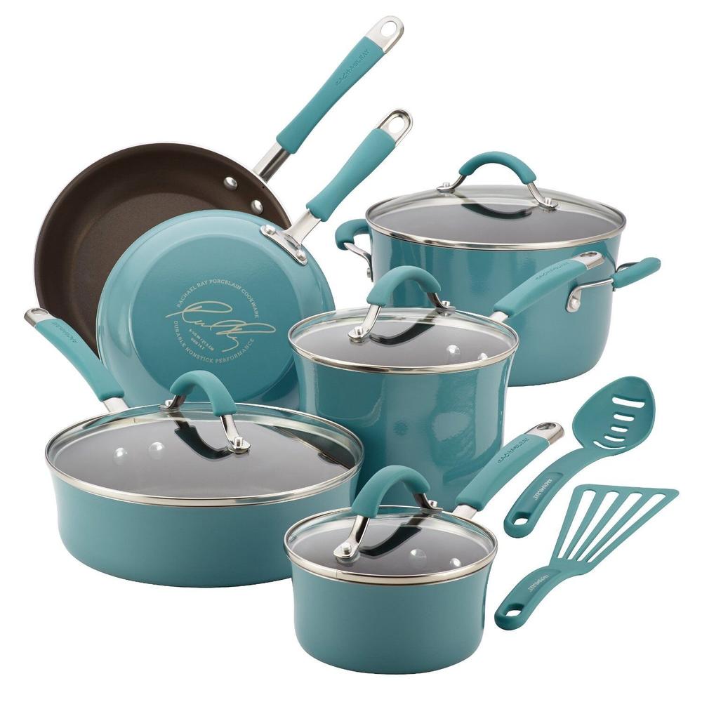GCP Products 12Pc Rachel Ray Cookware Set Nonstick Blue Pots Pans Lids Teal Non Stick Rachael
