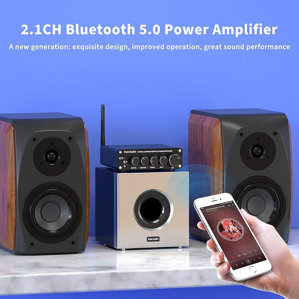 GCP Products Bt30D Bluetooth 5.0 Stereo Audio Receiver Amplifier 2.1 Channel Mini Hi-Fi Class D Integrated Amp 50 Watt X2+100 Wat
