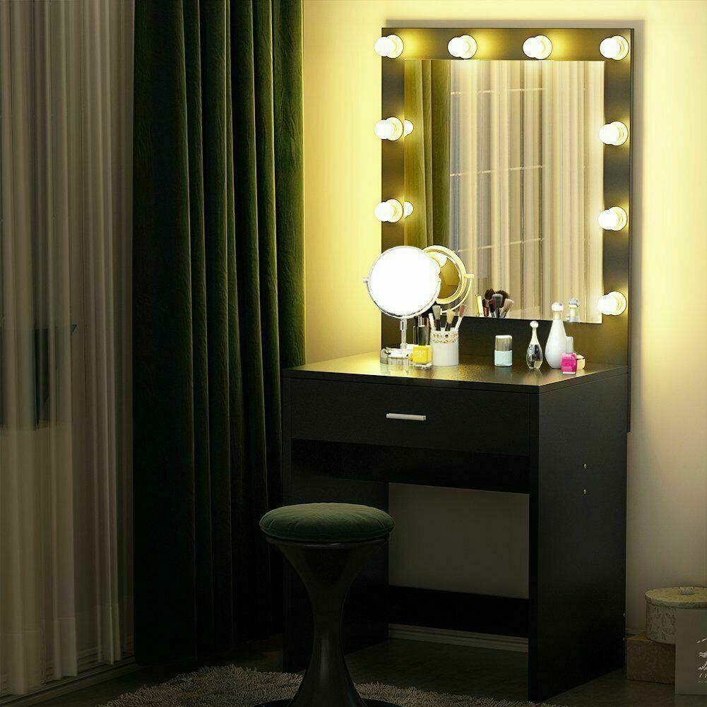 Fch Hollywood Style Lighted Makeup Mirror Vanity Table Set With 10 Warm Led Black Fch Hollywood Style Lighted Makeup, Lighted Makeup Mirror Vanity Set