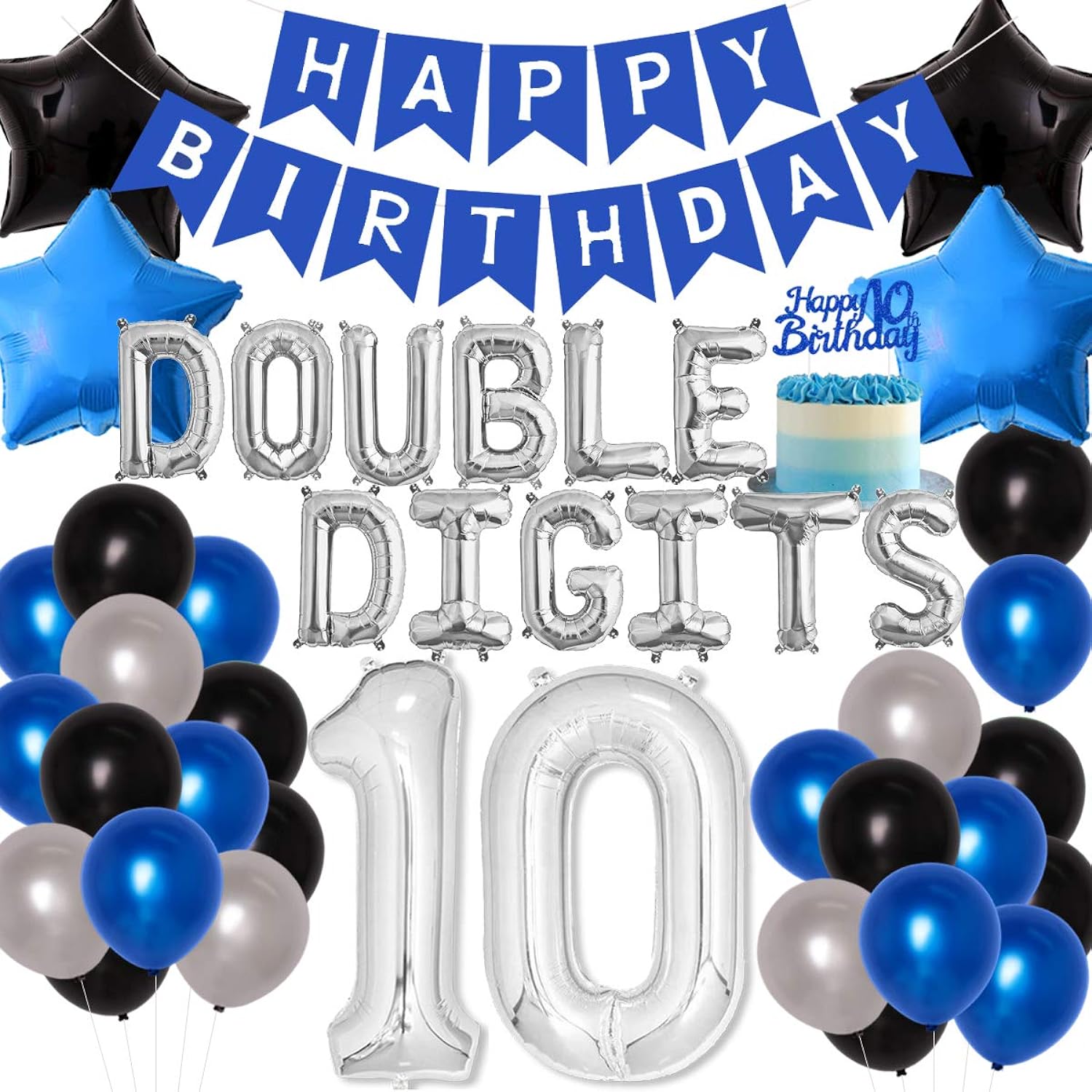 EBD Products 10Th Birthday Decorations Blue For Boys Girls Double Digits 10 Years Old Birthday Supplies With Foil Balloons Banner Cak…