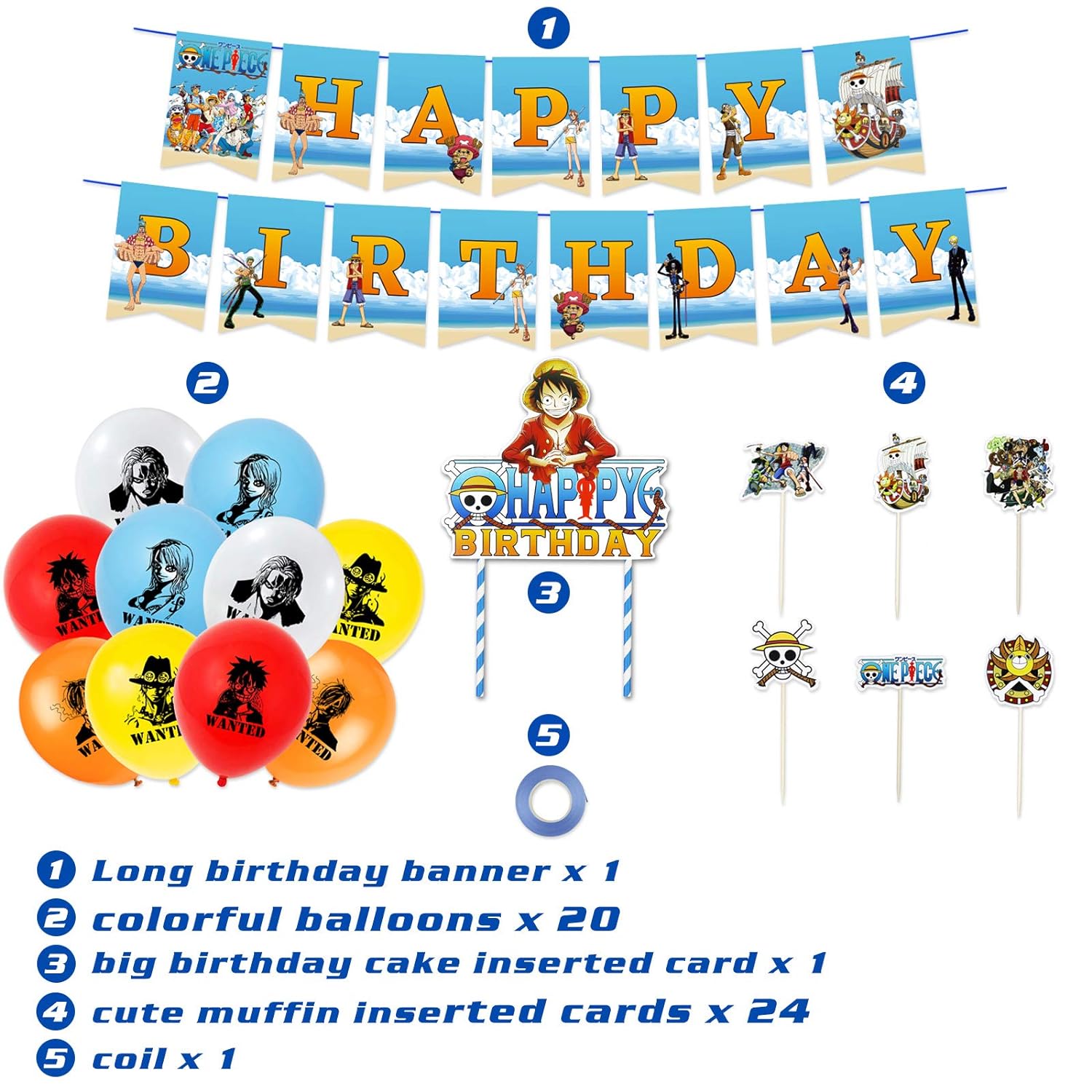 EBD Products 46Pcs One Piece Birthday Party Decorations-Balloon Banner Cake  Toppers Set Anime Party Supplies