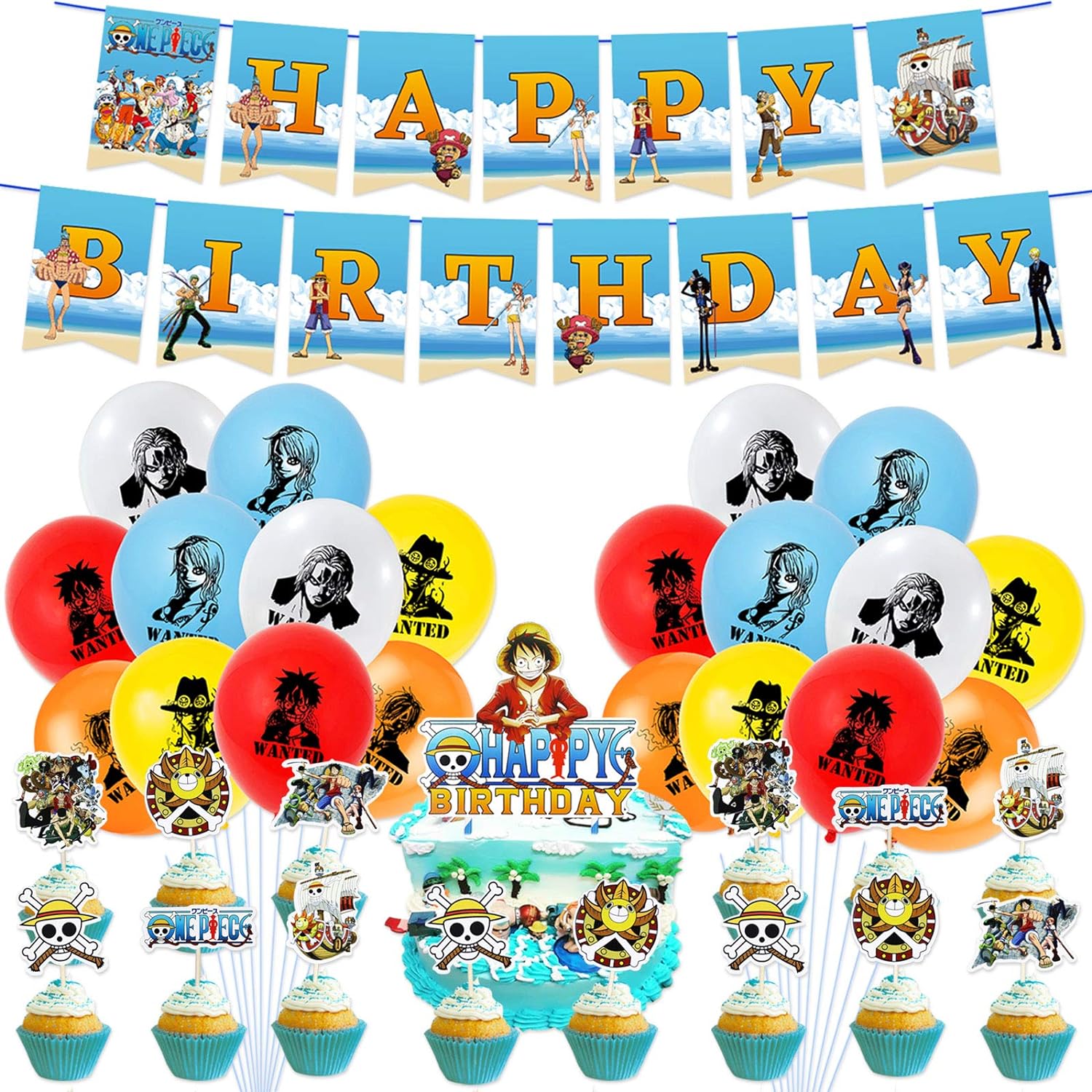 EBD Products 46Pcs One Piece Birthday Party Decorations-Balloon Banner Cake  Toppers Set Anime Party Supplies