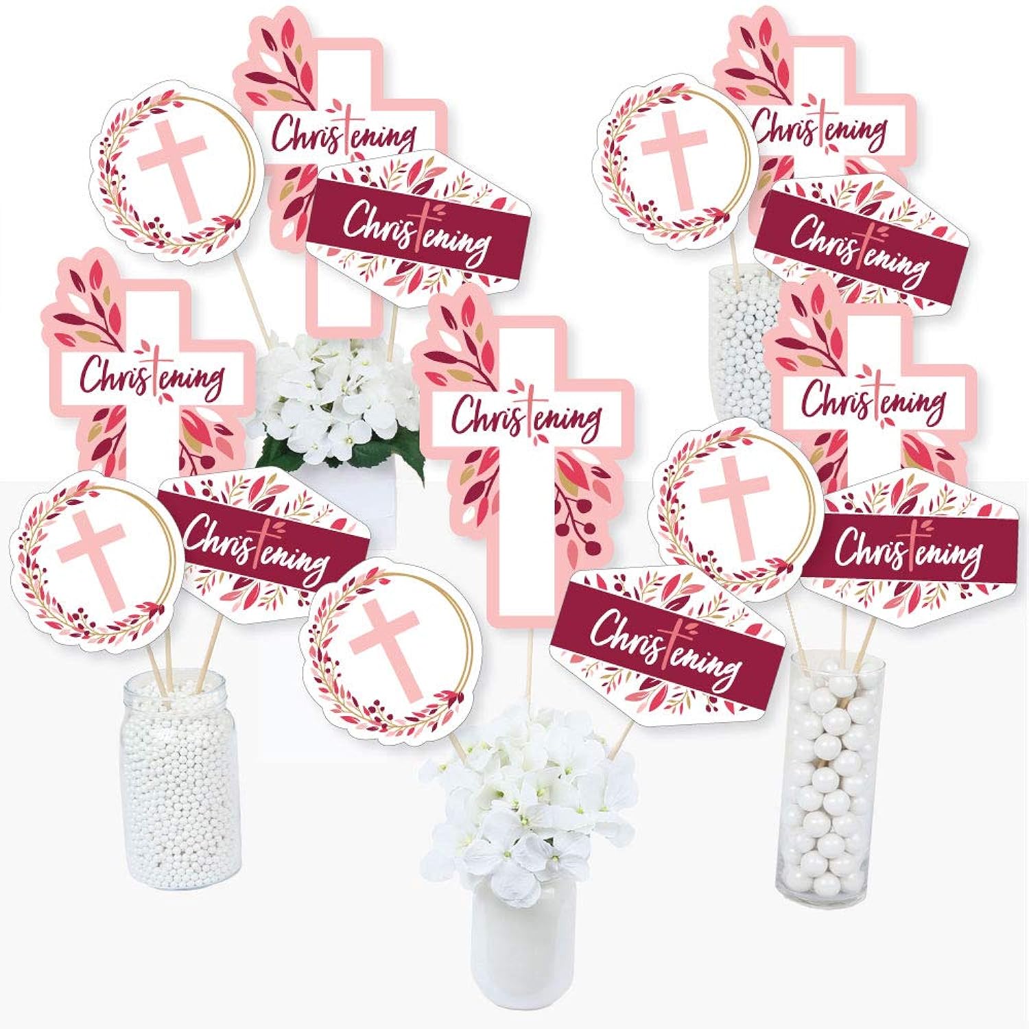 EBD Products Christening Pink Elegant Cross - Girl Religious Party Centerpiece Sticks - Table Toppers - Set Of 15