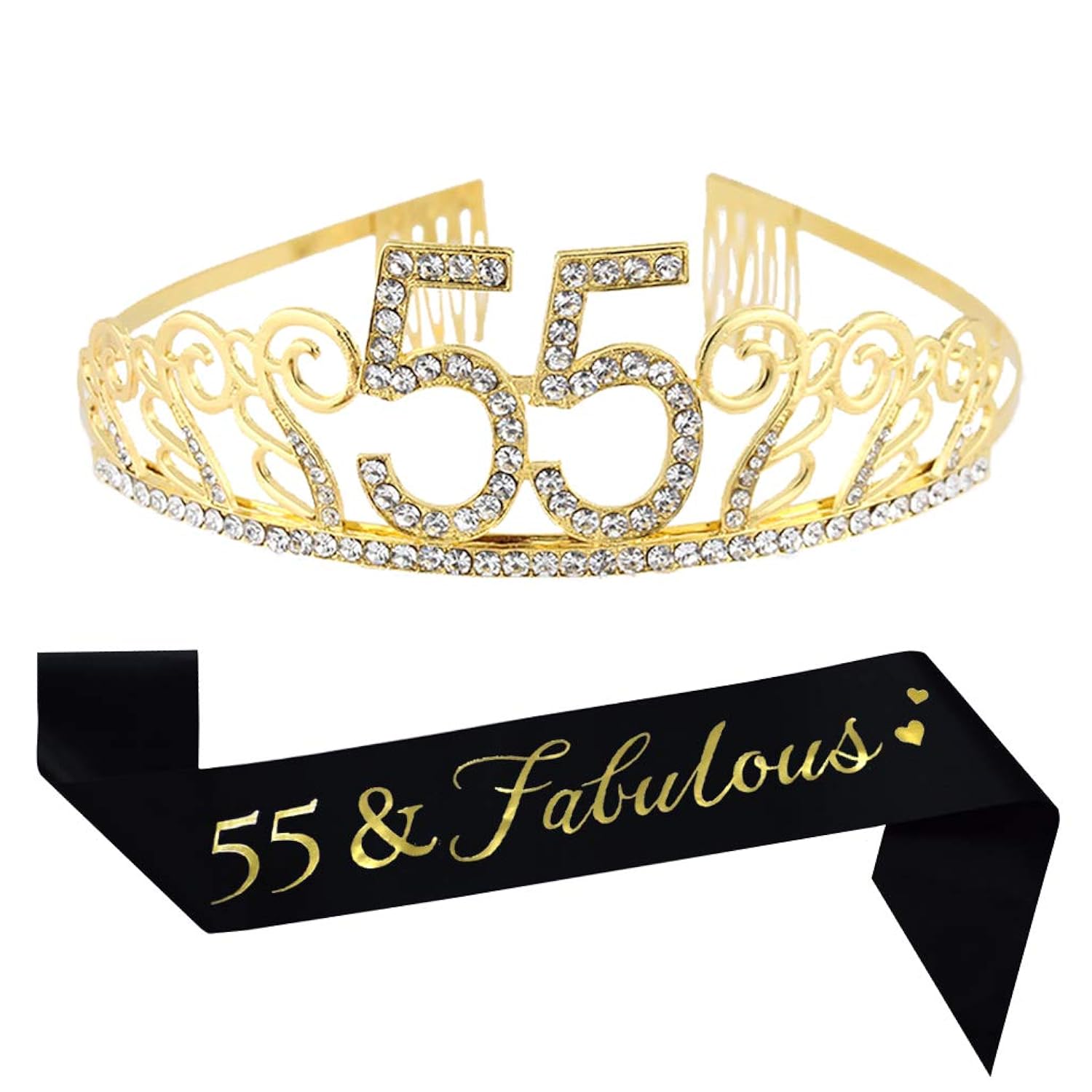 EBD Products 55Th Birthday Gold Tiara And Sash, Glitter Satin Sash And Crystal Rhinestone Birthday Crown For Happy 55Th Birthday Part?