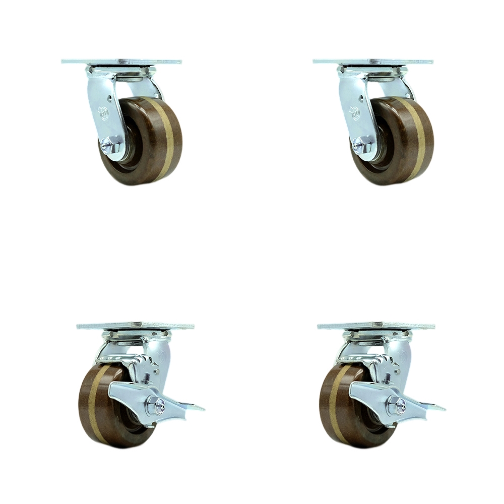 Service Caster 4 Inch High Temp Phenolic Swivel Caster Set with Roller Bearings 2 Brakes SCC