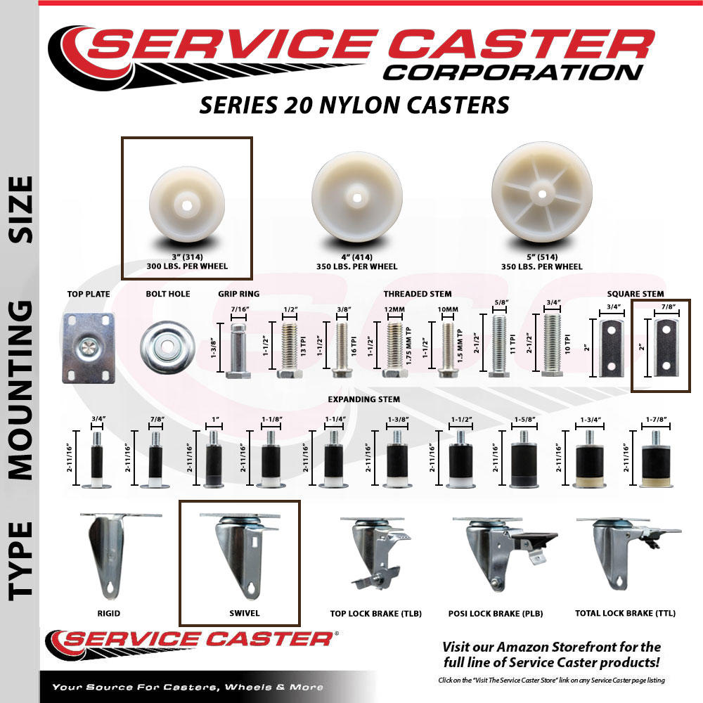 Service Caster 3 Inch Nylon Wheel Swivel 7/8 Inch Square Stem Caster Set 2 Brakes SCC