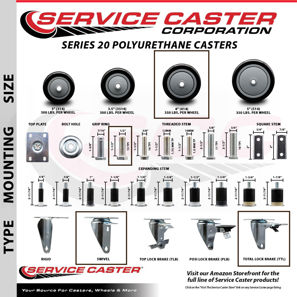 Service Caster 4 Inch Black Polyurethane Wheel Swivel ½ Inch Stem Caster with Total Lock Brake