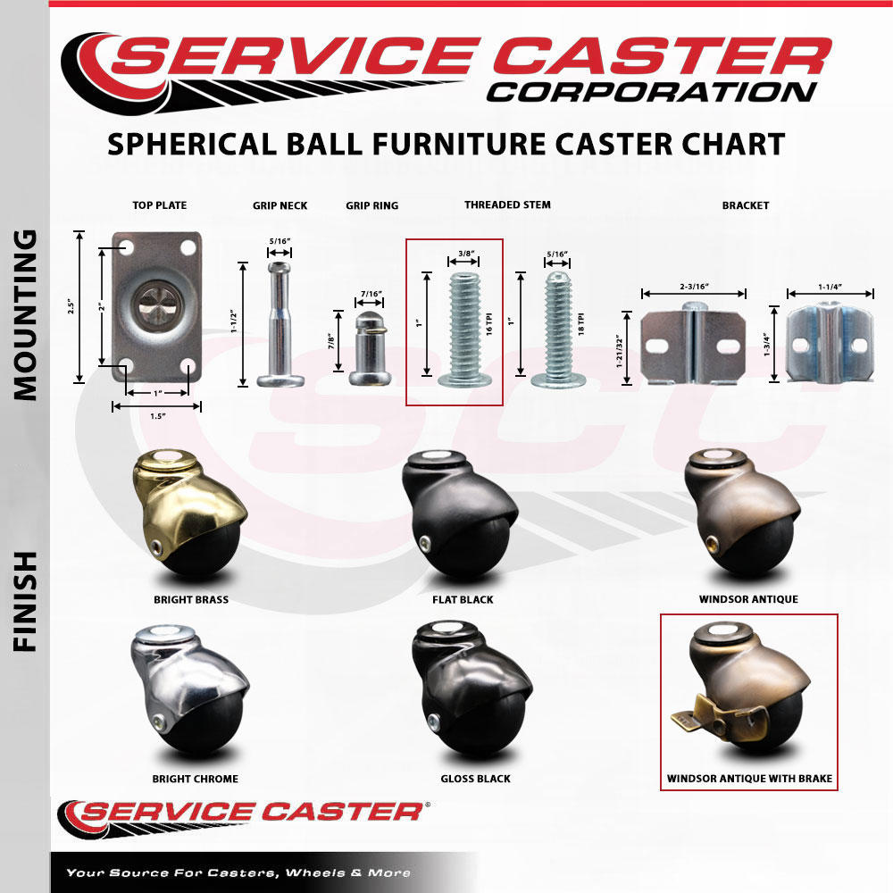 Service Caster 2 Inch Antique Brass Hooded 3/8 Inch Threaded Stem Ball Casters with Brake Set 5