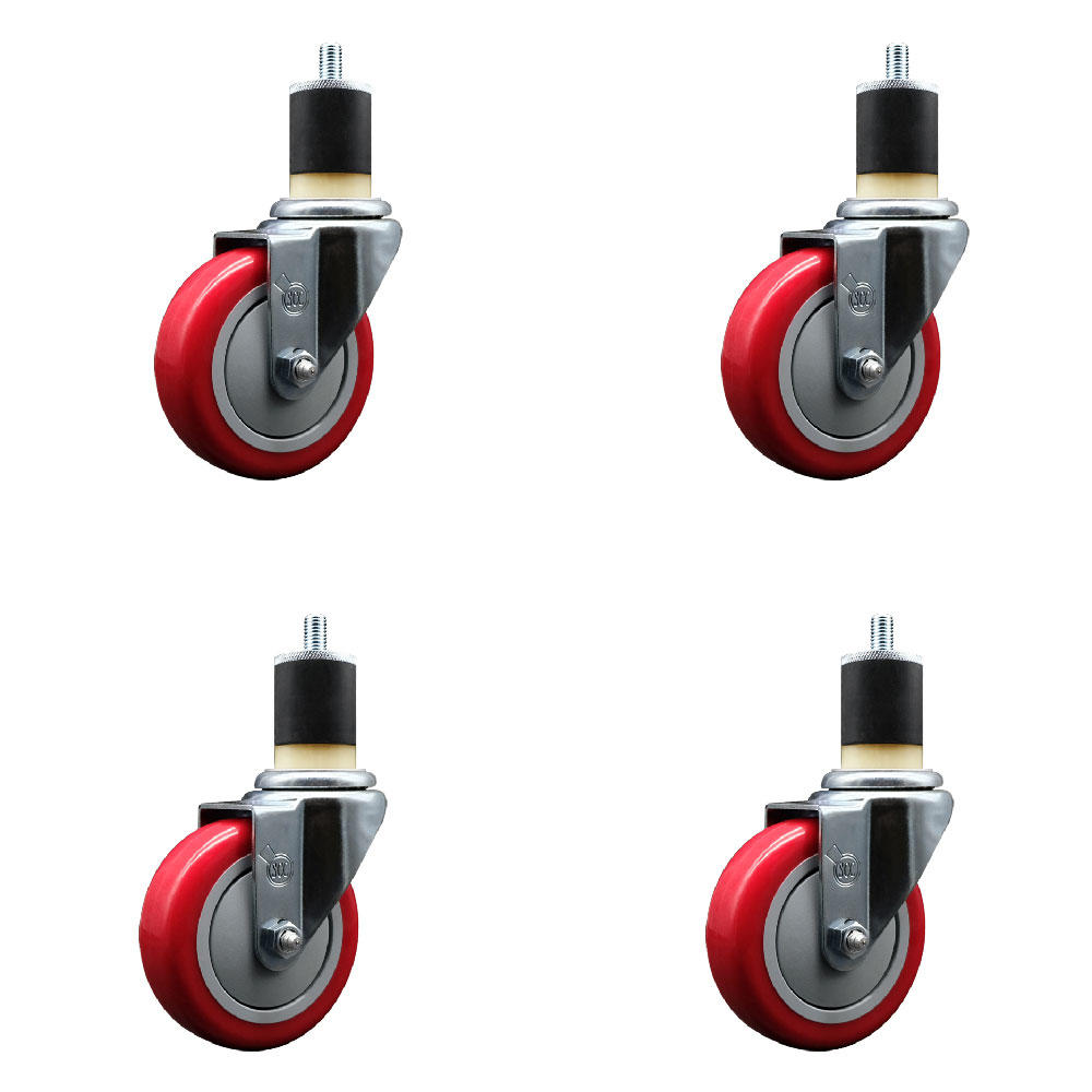 Service Caster 4 Inch Red Poly Wheel Swivel 1-7/8 Inch Expanding Stem Caster Set SCC