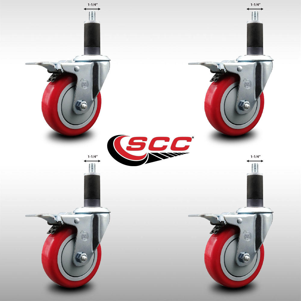 Service Caster 4 Inch SS Red Poly Swivel 1-1/4 Inch Expanding Stem Caster Set Total Lock Brake